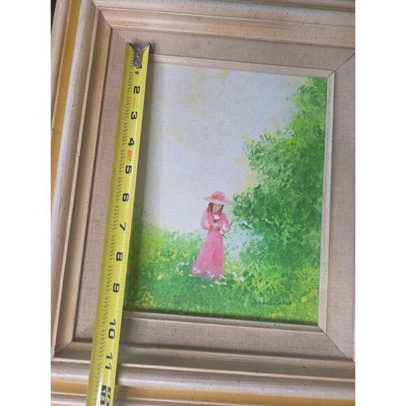 VTG Oil Painting Woman in Pink Dress in Garden Scene Signed Jennifer West 13x15 - Picture 3 of 16